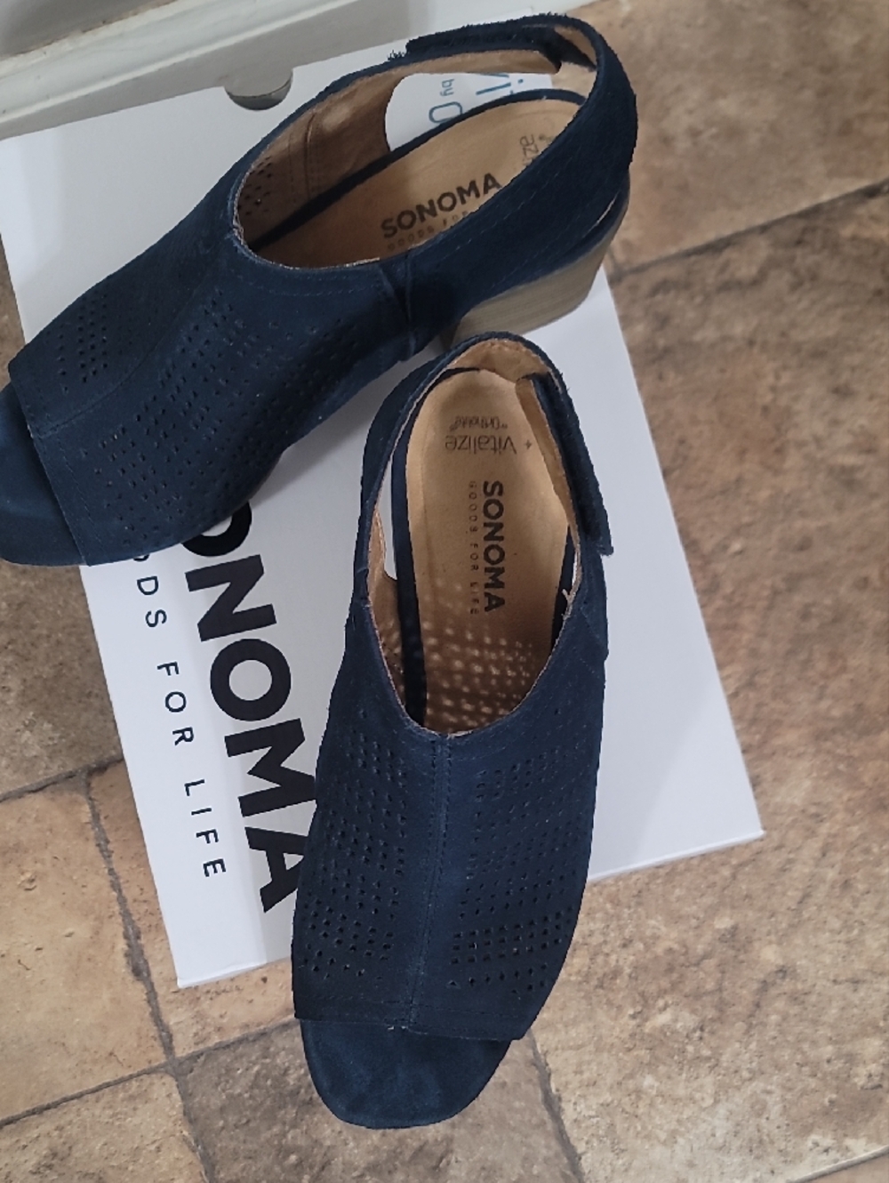 SONOMA Navy Perforated Suede Peep-Toe Block Heel Sandals - Picture 2 of 7